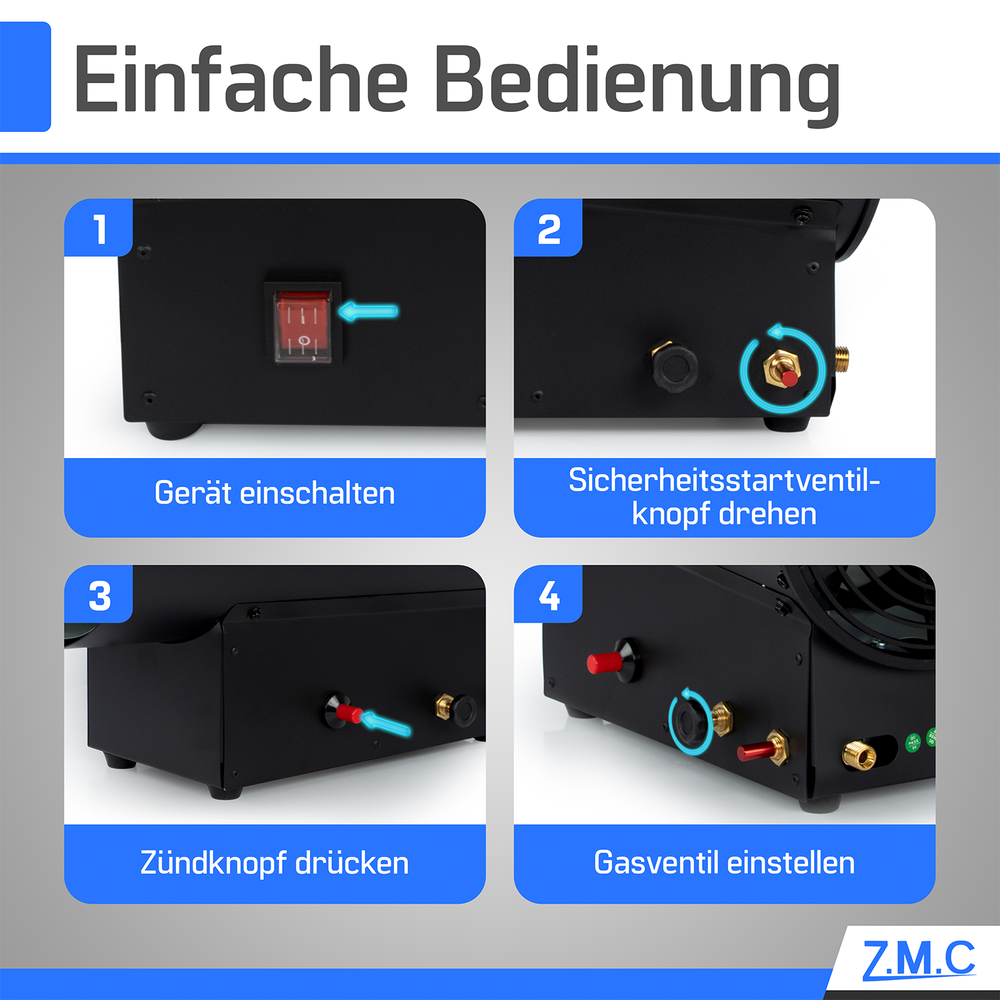 ZMC Gasheizgebläse Heißluftgenerator 15 kW inkl. Gasschlauch und Druckregler, Gasheizlüfter mit Piezozündung, Heizkanone 300 m³/h Luftvolumenstrom