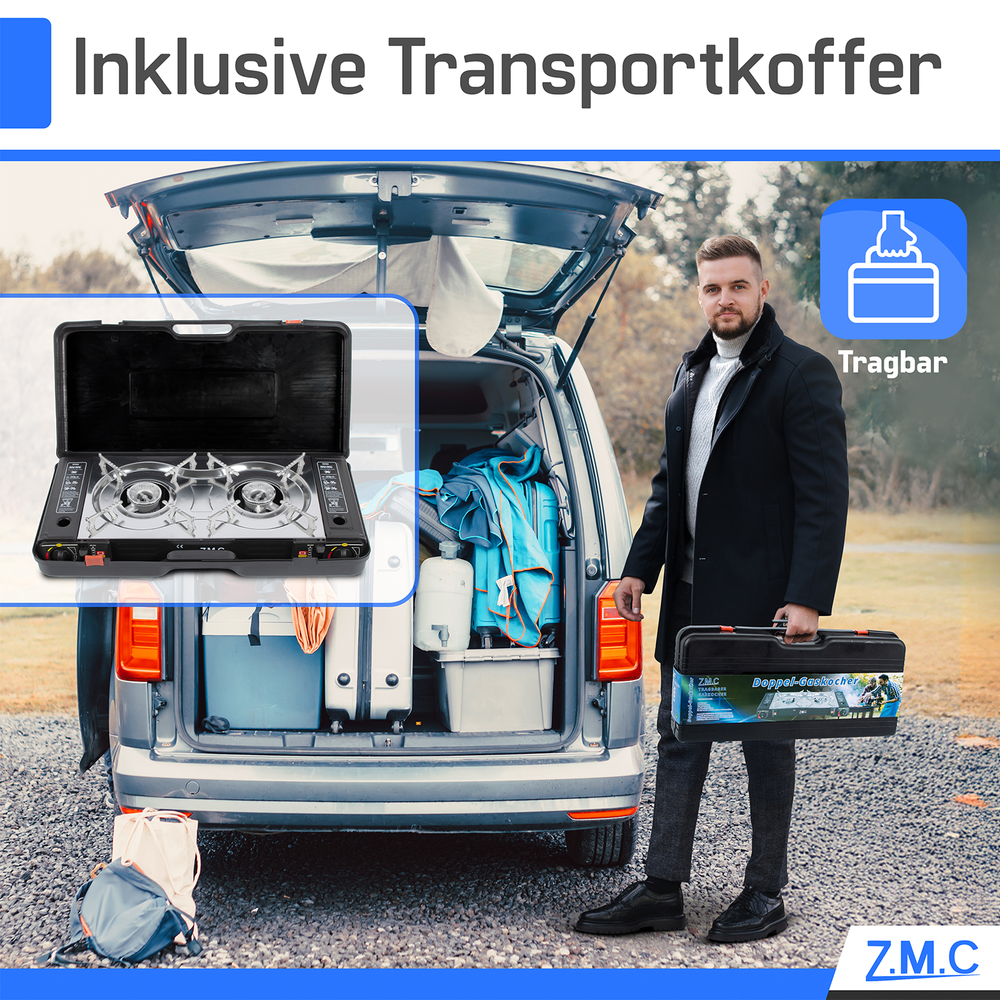 ZMC Edelstahl Camping Gaskocher 2-flammig inkl. LPG Adapter + Koffer, mit Gaskartuschen 227g & Grillplatte wählbar, Piezozündung, ideal für Outdoor & Innenräume