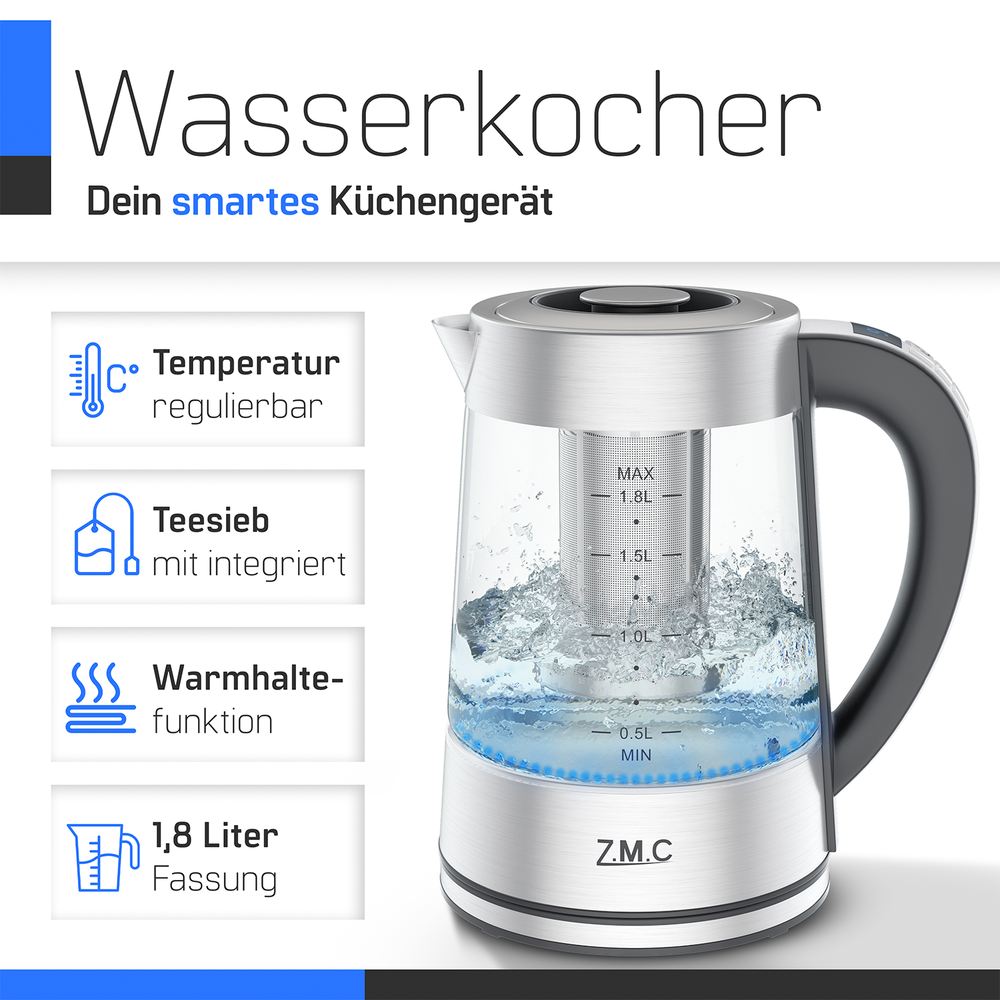 ZMC Wasserkocher mit Temperaturwahl Temperatureinstellung 40-100° C, Temperaturhaltefunktion, LED-Beleuchtung, 1,8 Liter, 360° drehbare Basis Gals, mit Teesieb