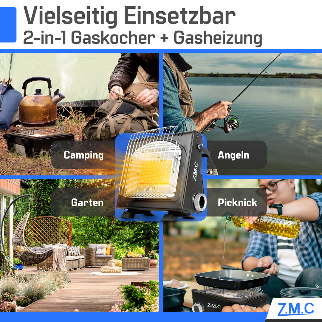 ZMC 2in1 Tragbare Gasheizung + Gaskocher 1,7KW Gasheizer mit Piezozündung, mit Gaskartuschen 227g für Outdoor und Indoor, perfekte Wärmequelle ohne Strom