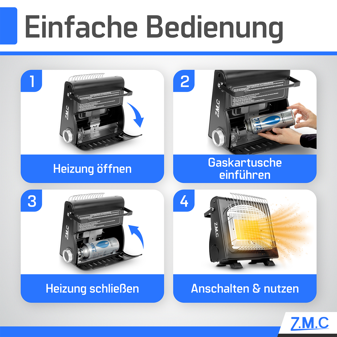 ZMC 2in1 Tragbare Gasheizung + Gaskocher 1,7KW Gasheizer mit Piezozündung, mit Gaskartuschen 227g für Outdoor und Indoor, perfekte Wärmequelle ohne Strom