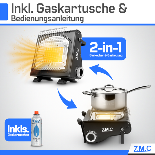 ZMC 2in1 Tragbare Gasheizung + Gaskocher 1,7KW Gasheizer mit Piezozündung, mit Gaskartuschen 227g für Outdoor und Indoor, perfekte Wärmequelle ohne Strom