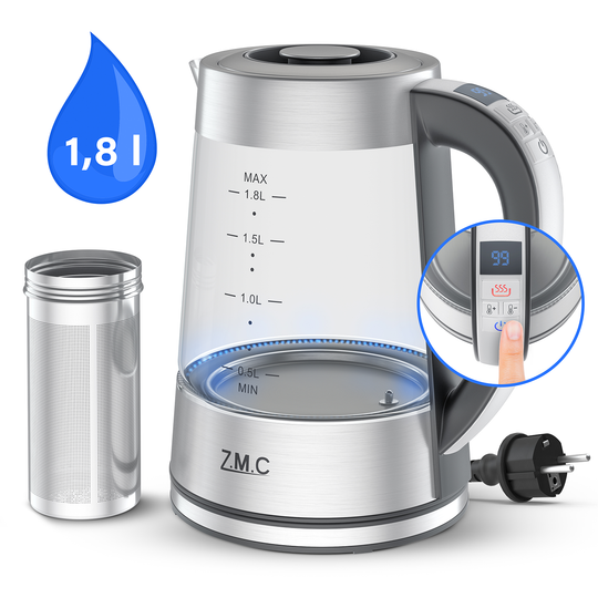 ZMC Wasserkocher mit Temperaturwahl Temperatureinstellung 40-100° C, Temperaturhaltefunktion, LED-Beleuchtung, 1,8 Liter, 360° drehbare Basis Gals, mit Teesieb