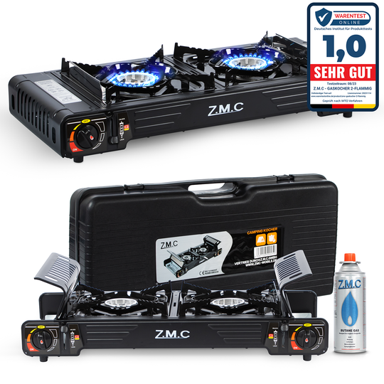 ZMC PREMIUM Camping Gaskocher 2-flammig Wählbar mit Gaskartuschen 227g oder Grillplatte, Campingkocher mit Piezozündung für Outdoor und Innenraum