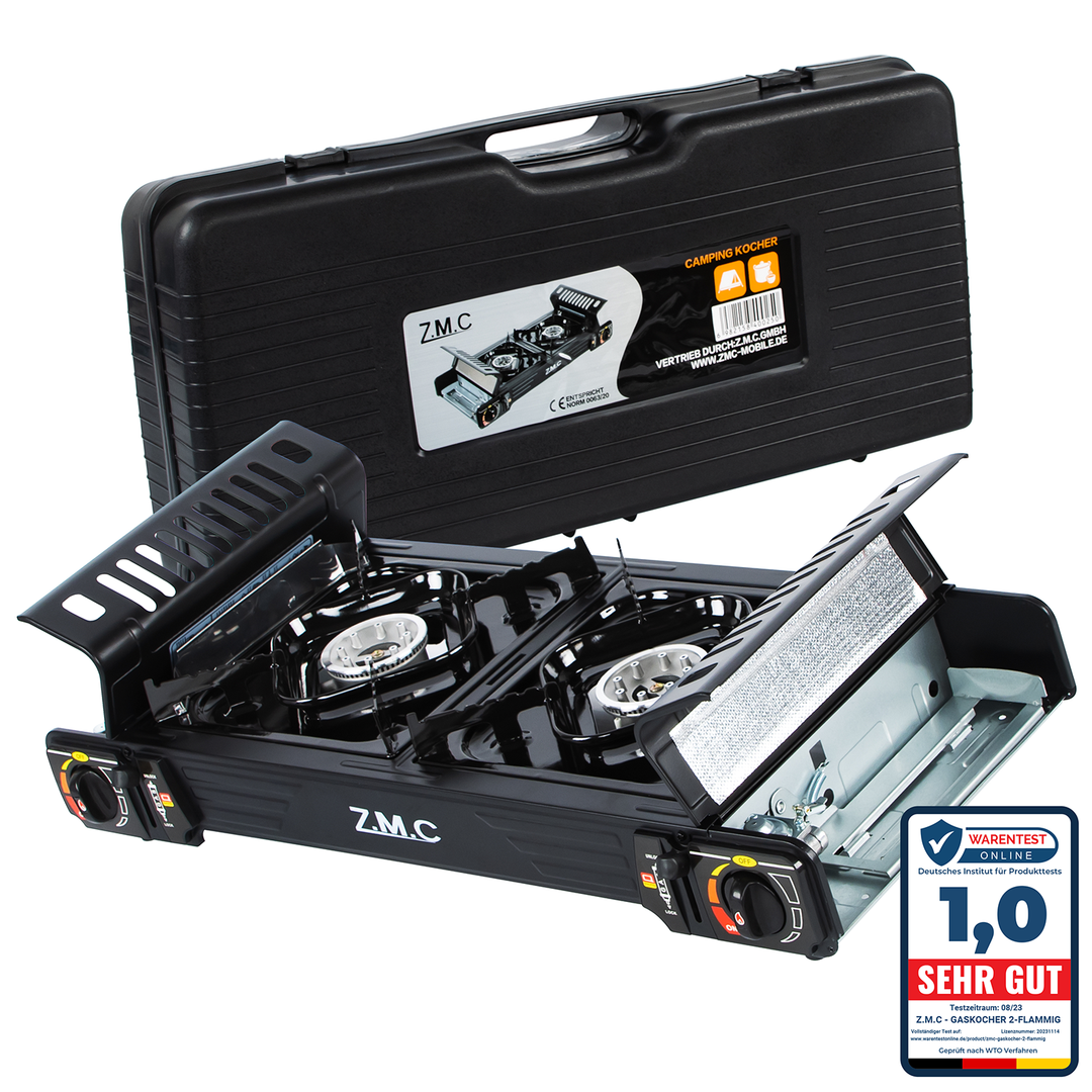 ZMC PREMIUM Camping Gaskocher 2-flammig Wählbar mit Gaskartuschen 227g oder Grillplatte, Campingkocher mit Piezozündung für Outdoor und Innenraum