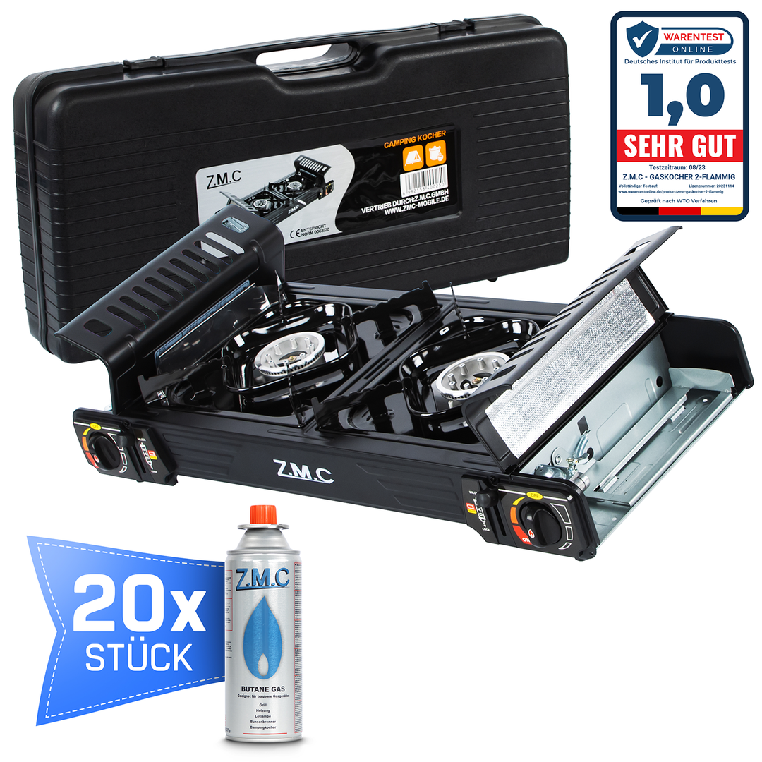 ZMC PREMIUM Camping Gaskocher 2-flammig Wählbar mit Gaskartuschen 227g oder Grillplatte, Campingkocher mit Piezozündung für Outdoor und Innenraum