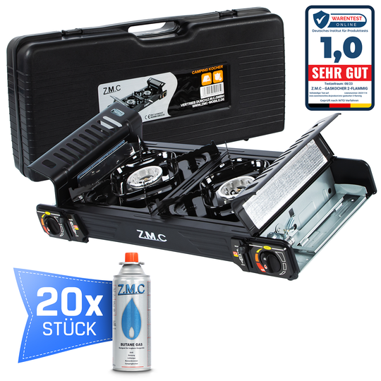 ZMC PREMIUM Camping Gaskocher 2-flammig Wählbar mit Gaskartuschen 227g oder Grillplatte, Campingkocher mit Piezozündung für Outdoor und Innenraum