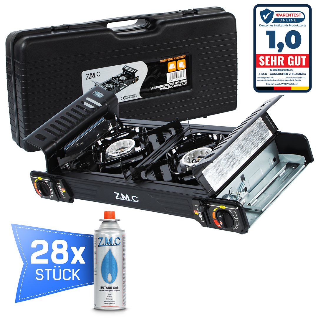 ZMC PREMIUM Camping Gaskocher 2-flammig Wählbar mit Gaskartuschen 227g oder Grillplatte, Campingkocher mit Piezozündung für Outdoor und Innenraum