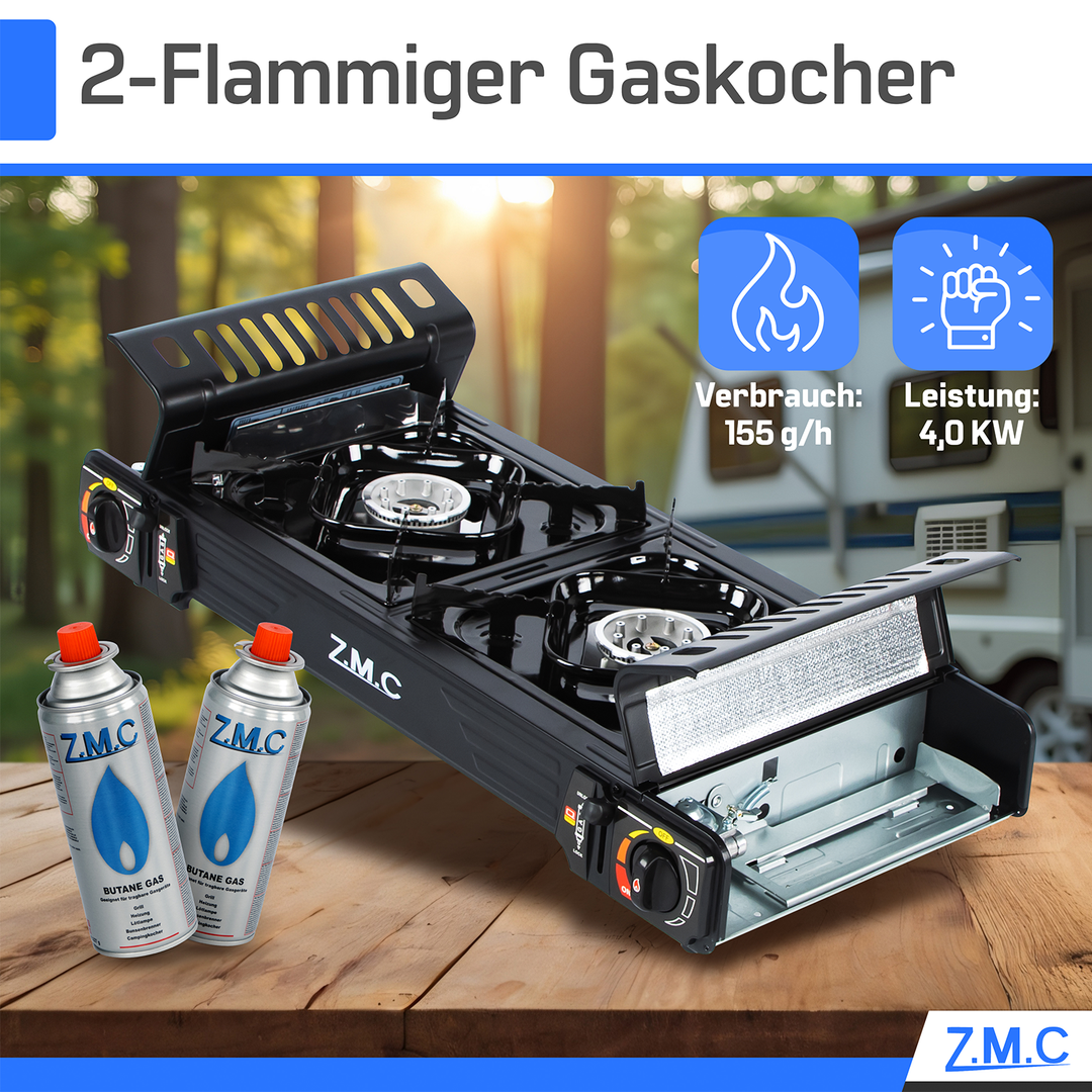 ZMC PREMIUM Camping Gaskocher 2-flammig Wählbar mit Gaskartuschen 227g oder Grillplatte, Campingkocher mit Piezozündung für Outdoor und Innenraum