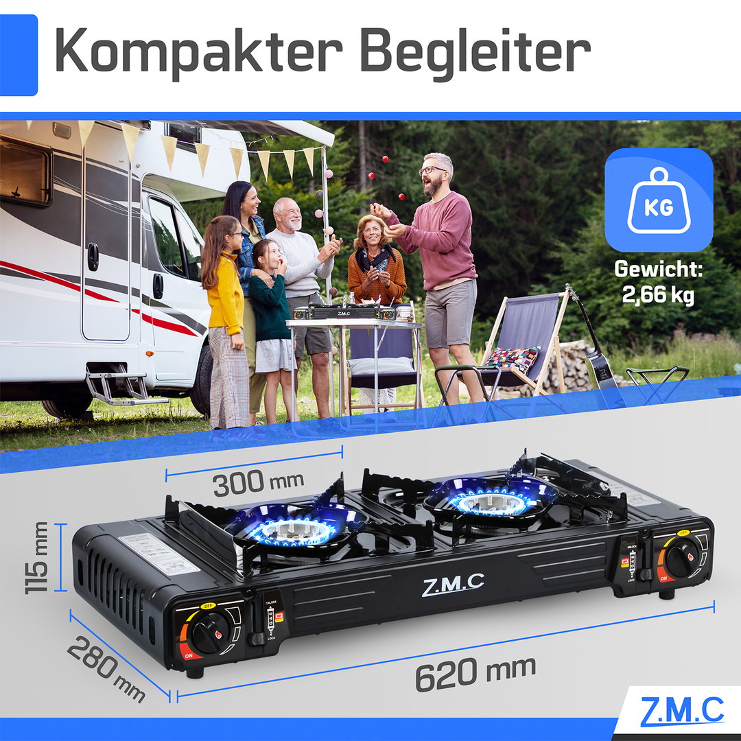 ZMC PREMIUM Camping Gaskocher 2-flammig Wählbar mit Gaskartuschen 227g oder Grillplatte, Campingkocher mit Piezozündung für Outdoor und Innenraum