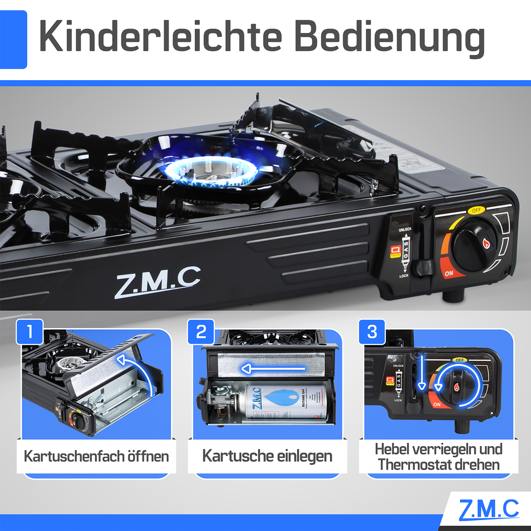 ZMC PREMIUM Camping Gaskocher 2-flammig Wählbar mit Gaskartuschen 227g oder Grillplatte, Campingkocher mit Piezozündung für Outdoor und Innenraum