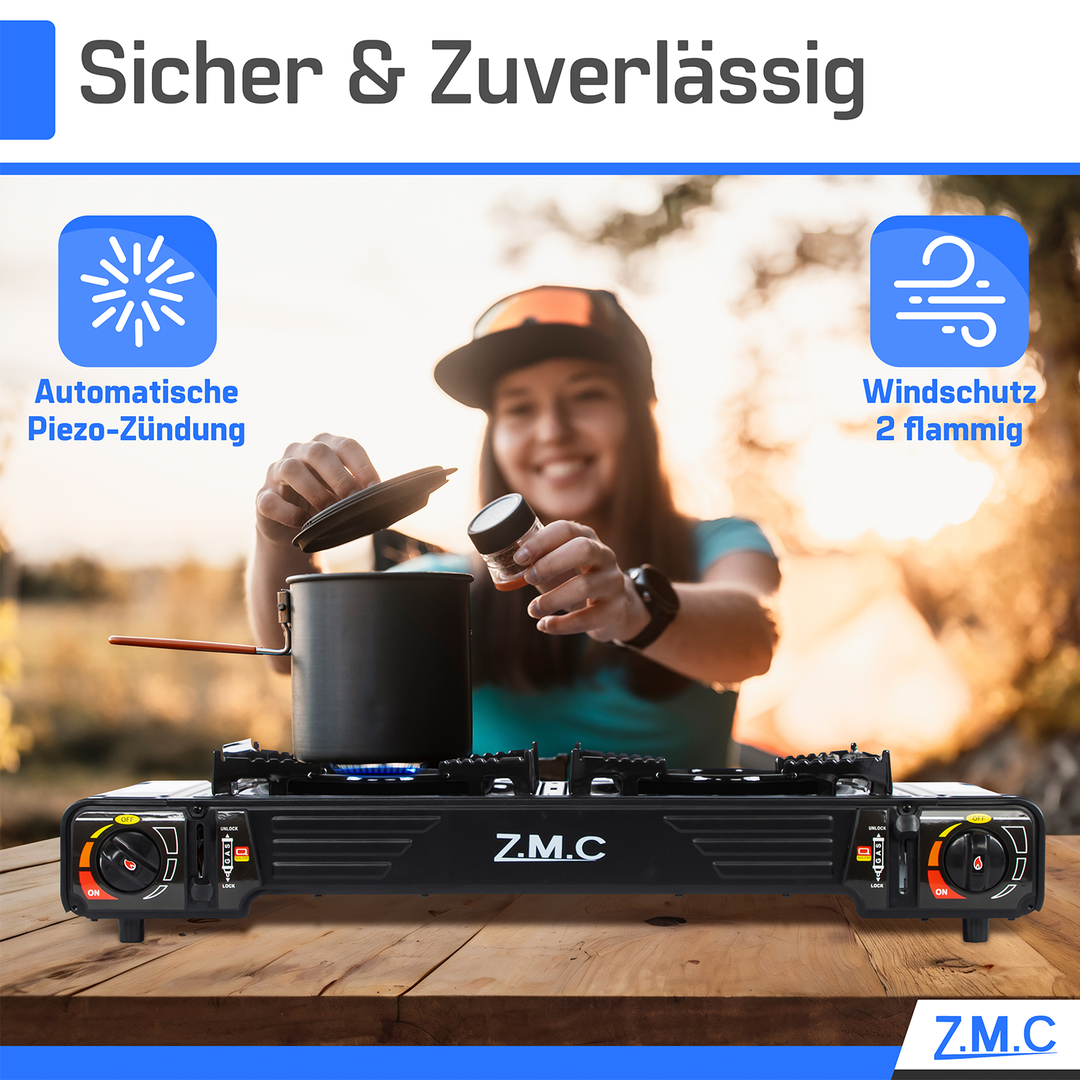 ZMC PREMIUM Camping Gaskocher 2-flammig Wählbar mit Gaskartuschen 227g oder Grillplatte, Campingkocher mit Piezozündung für Outdoor und Innenraum