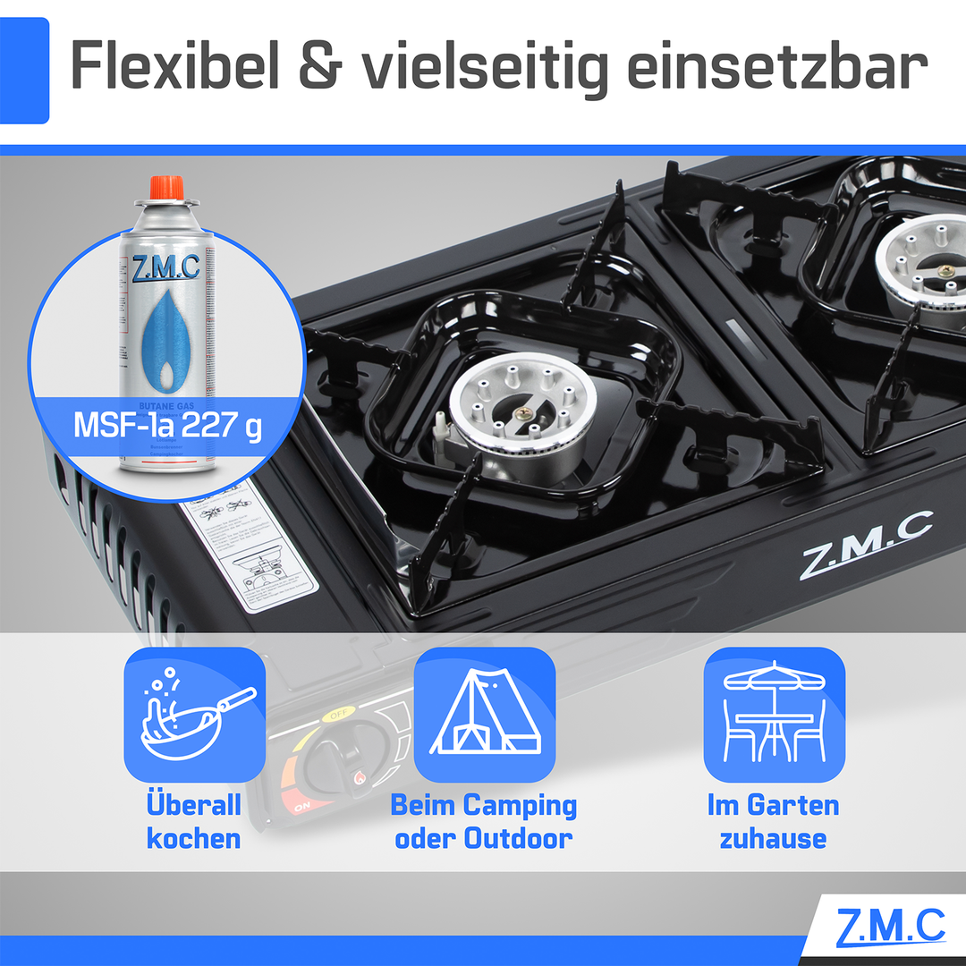 ZMC PREMIUM Camping Gaskocher 2-flammig Wählbar mit Gaskartuschen 227g oder Grillplatte, Campingkocher mit Piezozündung für Outdoor und Innenraum
