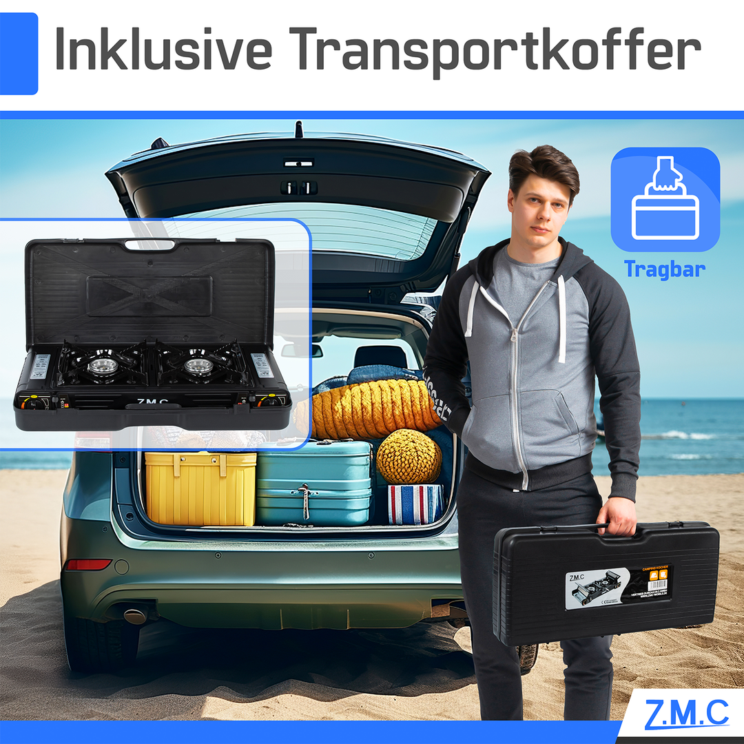 ZMC PREMIUM Camping Gaskocher 2-flammig Wählbar mit Gaskartuschen 227g oder Grillplatte, Campingkocher mit Piezozündung für Outdoor und Innenraum