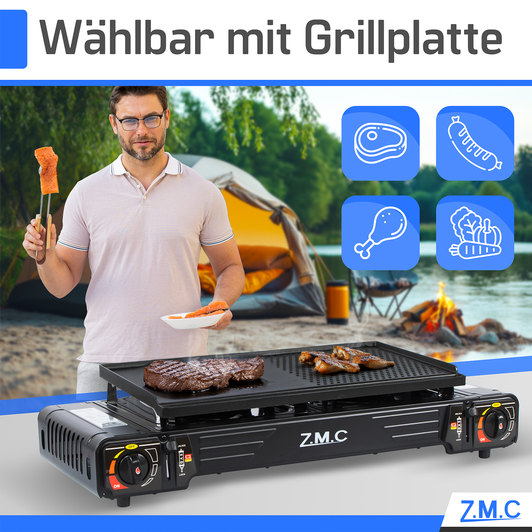 ZMC PREMIUM Camping Gaskocher 2-flammig Wählbar mit Gaskartuschen 227g oder Grillplatte, Campingkocher mit Piezozündung für Outdoor und Innenraum