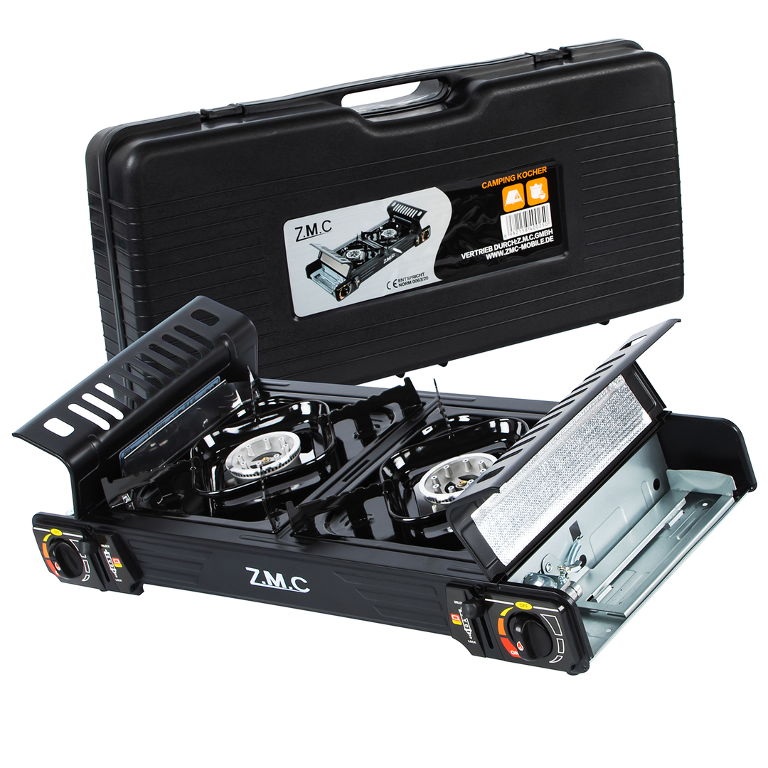 ZMC PREMIUM Camping Gaskocher 2-flammig Wählbar mit Gaskartuschen 227g oder Grillplatte, Campingkocher mit Piezozündung für Outdoor und Innenraum