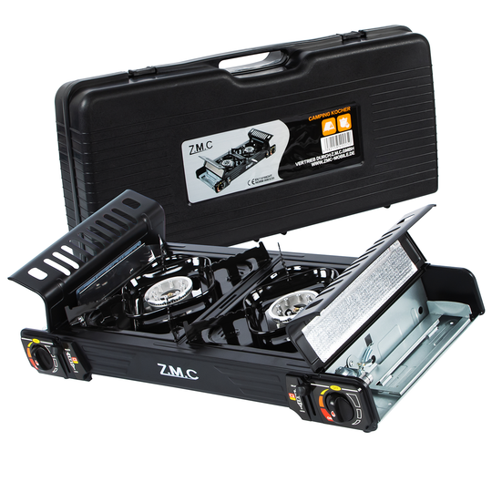 ZMC PREMIUM Camping Gaskocher 2-flammig Wählbar mit Gaskartuschen 227g oder Grillplatte, Campingkocher mit Piezozündung für Outdoor und Innenraum