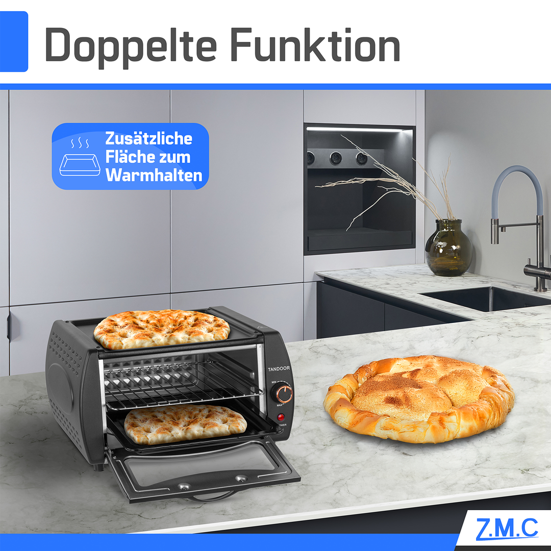 ZMC Mini Tandoor 2100W 22L - Minibackofen für Lahmacun, Pizza, Naan und Brot. Inklusive Backblech und Grillrost. Kompakt, leistungsstark, schnelles Aufheizen