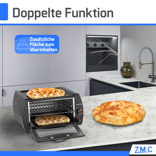 ZMC Mini Tandoor 2100W 22L - Minibackofen für Lahmacun, Pizza, Naan und Brot. Inklusive Backblech und Grillrost. Kompakt, leistungsstark, schnelles Aufheizen