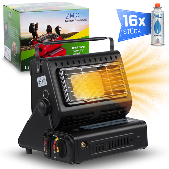 ZMC 2-in-1 Tragbare Gasheizung und Gaskocher mit LPG Anschluss + Gaskartuschen 227g, Camping Heizung 1,3 kW, mobile Gasheizer für Outdoor mit Piezozündung