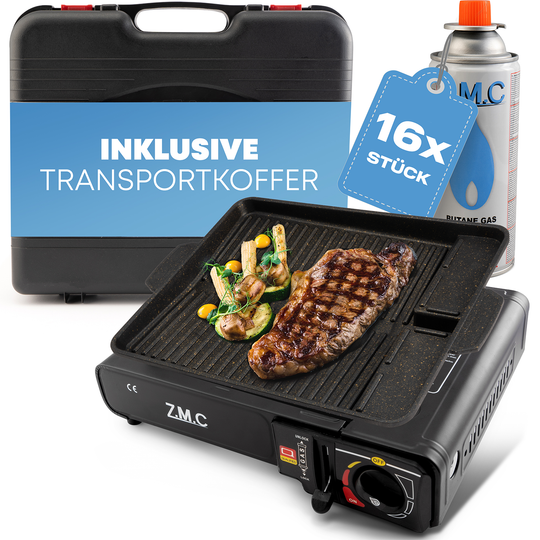 ZMC Gaskocher 1-flammig 2,2KW, inkl. Adapter für LPG Gasflaschen + Aufbewahrungskoffer Wählbar mit Grillplatte oder Gaskartuschen 227g, Campingkocher mit Piezozündung