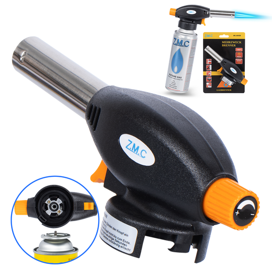 ZMC Gasbrenner Lötbrenner 1,3kW + Gaskartuschen 227g, Flambierbrenner bis zu 1300°C, Grillanzünder mit Piezo-Zündung, Küchenbrenner mit einstellbare Flamme
