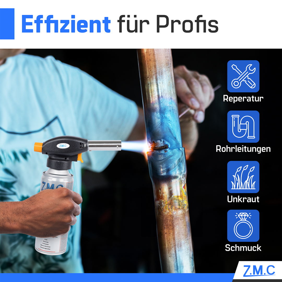 ZMC Gasbrenner Lötbrenner 1,3kW + Gaskartuschen 227g, Flambierbrenner bis zu 1300°C, Grillanzünder mit Piezo-Zündung, Küchenbrenner mit einstellbare Flamme