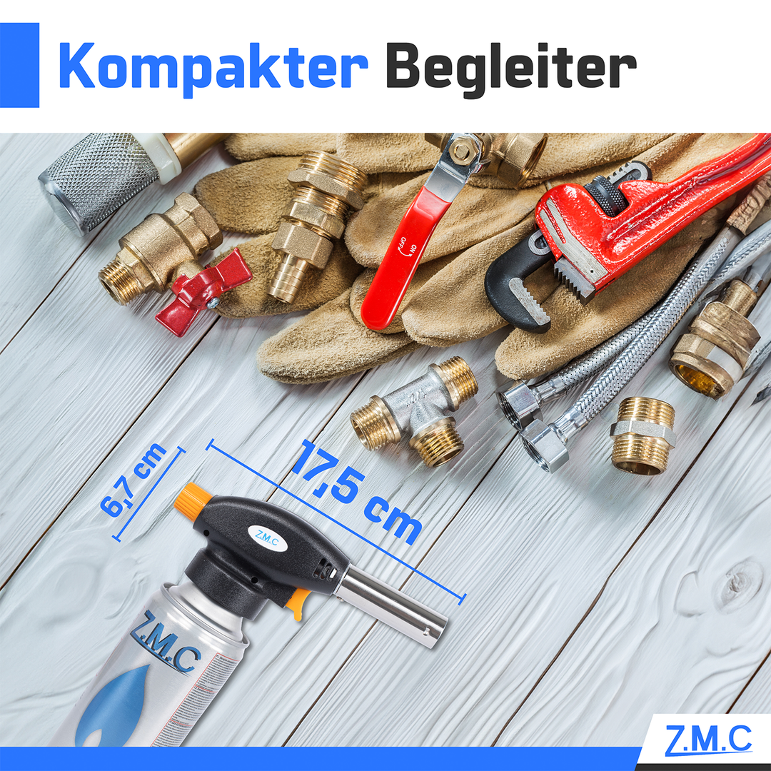 ZMC Gasbrenner Lötbrenner 1,3kW + Gaskartuschen 227g, Flambierbrenner bis zu 1300°C, Grillanzünder mit Piezo-Zündung, Küchenbrenner mit einstellbare Flamme