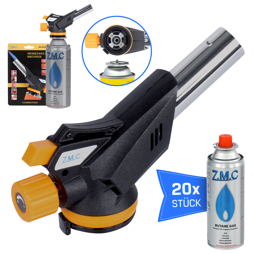 ZMC Gasbrenner Lötbrenner 1,3kW + Gaskartuschen 227g, bis zu 1300°C, Schweißbrenner mit Piezo-Zündung, Küchenbrenner mit einstellbare Flamme