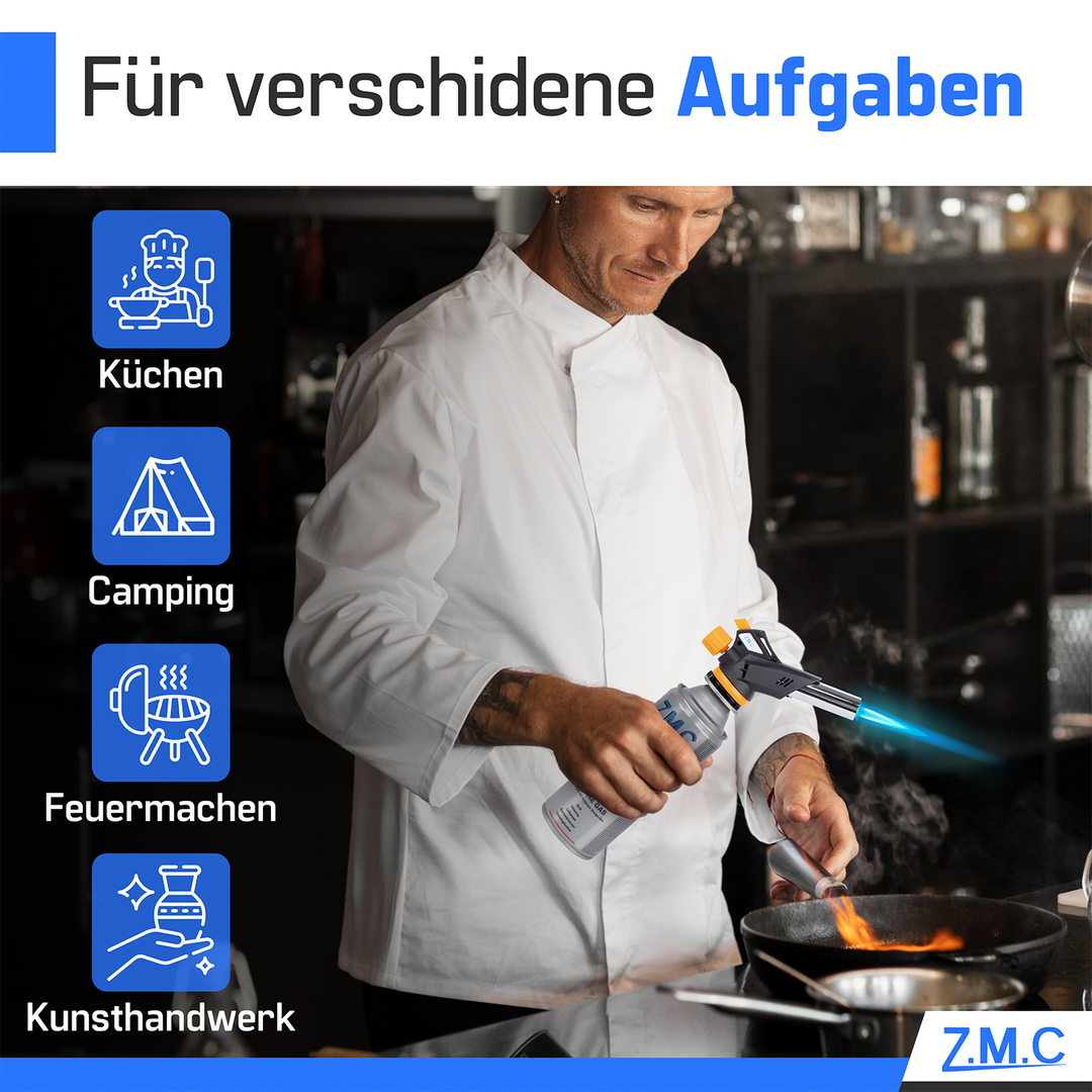 ZMC Gasbrenner Lötbrenner 1,3kW + Gaskartuschen 227g, bis zu 1300°C, Schweißbrenner mit Piezo-Zündung, Küchenbrenner mit einstellbare Flamme