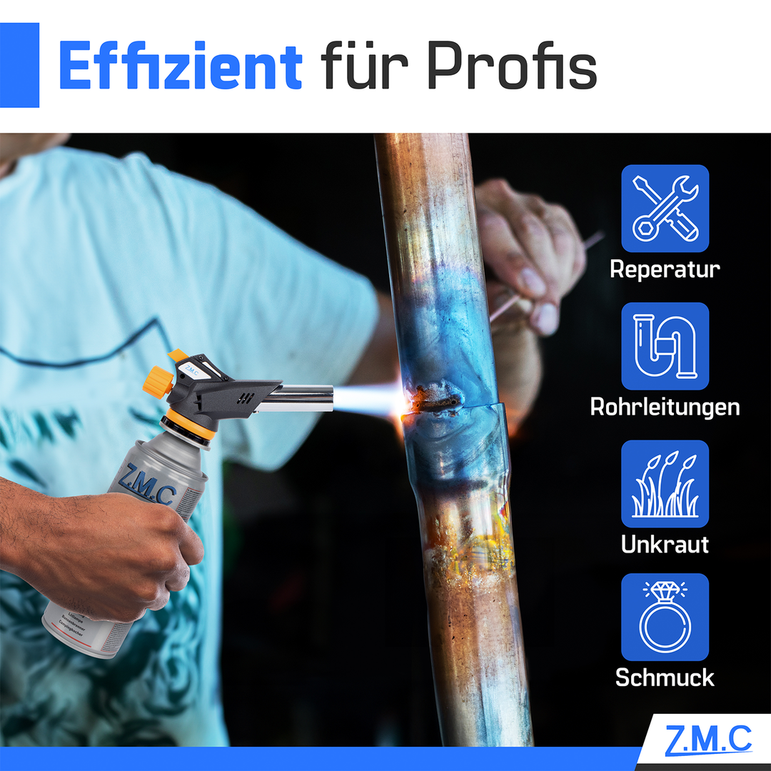 ZMC Gasbrenner Lötbrenner 1,3kW + Gaskartuschen 227g, bis zu 1300°C, Schweißbrenner mit Piezo-Zündung, Küchenbrenner mit einstellbare Flamme