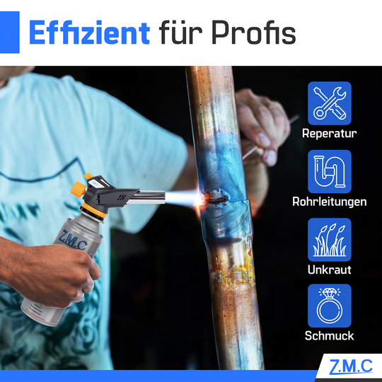 ZMC Gasbrenner Lötbrenner 1,3kW + Gaskartuschen 227g, bis zu 1300°C, Schweißbrenner mit Piezo-Zündung, Küchenbrenner mit einstellbare Flamme
