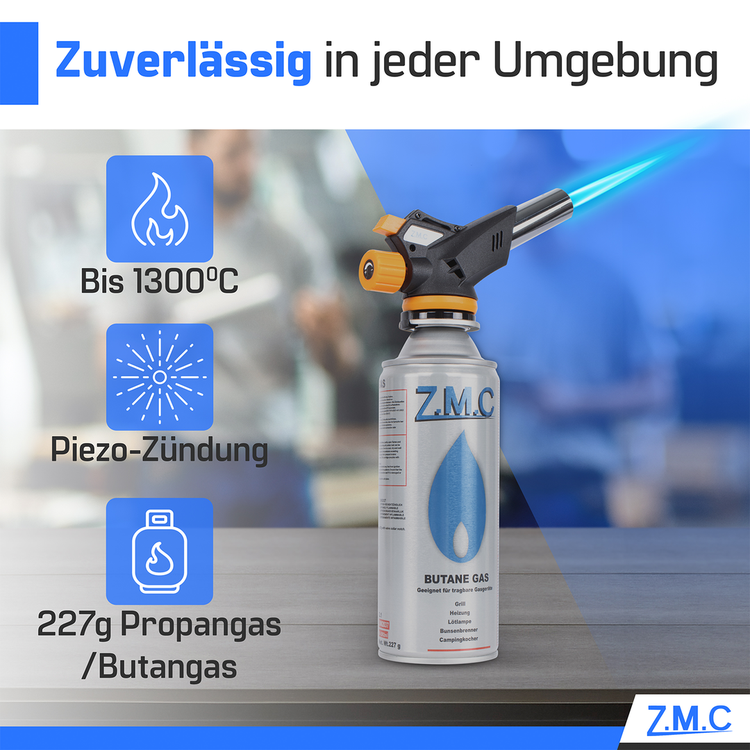 ZMC Gasbrenner Lötbrenner 1,3kW + Gaskartuschen 227g, bis zu 1300°C, Schweißbrenner mit Piezo-Zündung, Küchenbrenner mit einstellbare Flamme