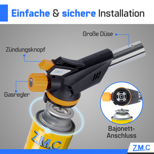 ZMC Gasbrenner Lötbrenner 1,3kW + Gaskartuschen 227g, bis zu 1300°C, Schweißbrenner mit Piezo-Zündung, Küchenbrenner mit einstellbare Flamme