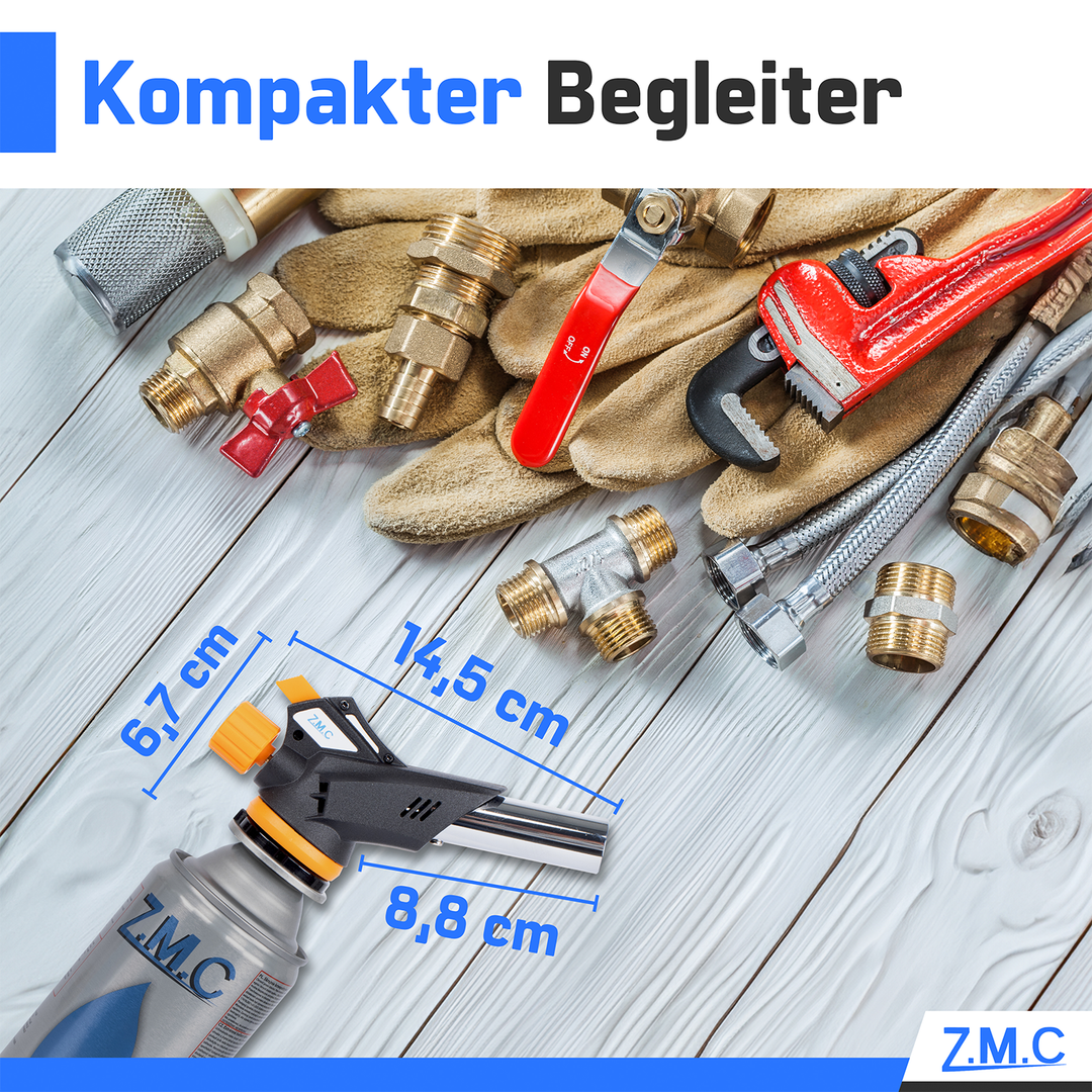 ZMC Gasbrenner Lötbrenner 1,3kW + Gaskartuschen 227g, bis zu 1300°C, Schweißbrenner mit Piezo-Zündung, Küchenbrenner mit einstellbare Flamme