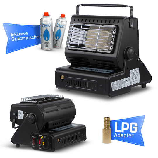 ZMC 2-in-1 Tragbare Gasheizung und Gaskocher mit LPG Anschluss + Gaskartuschen 227g, Camping Heizung 1,3 kW, mobile Gasheizer für Outdoor mit Piezozündung