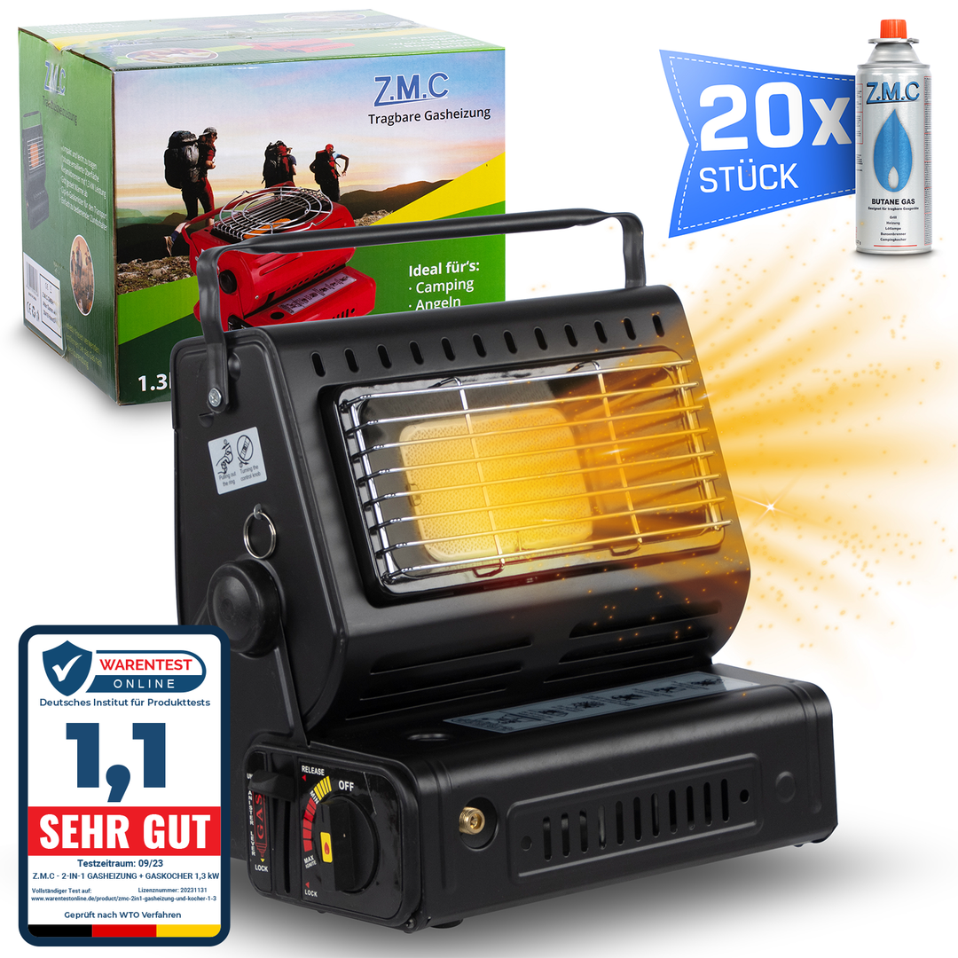 ZMC 2-in-1 Tragbare Gasheizung und Gaskocher mit LPG Anschluss + Gaskartuschen 227g, Camping Heizung 1,3 kW, mobile Gasheizer für Outdoor und Indoor mit Piezozündung