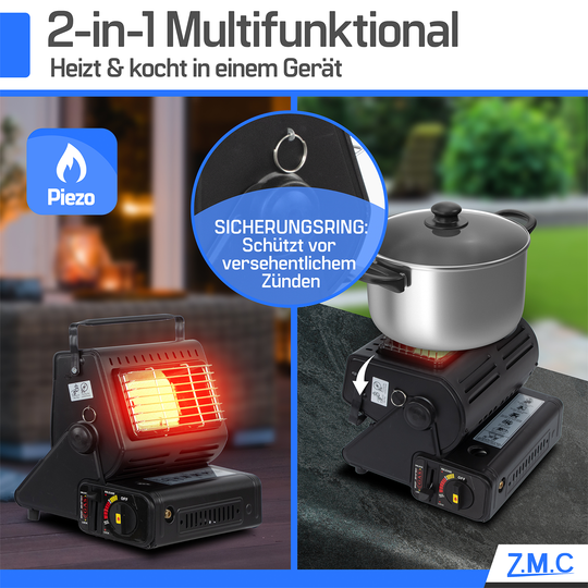 ZMC 2-in-1 Tragbare Gasheizung und Gaskocher mit LPG Anschluss + Gaskartuschen 227g, Camping Heizung 1,3 kW, mobile Gasheizer für Outdoor mit Piezozündung