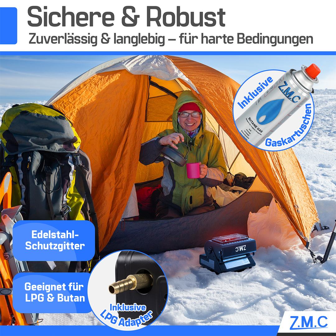 ZMC 2-in-1 Tragbare Gasheizung und Gaskocher mit LPG Anschluss + Gaskartuschen 227g, Camping Heizung 1,3 kW, mobile Gasheizer für Outdoor mit Piezozündung
