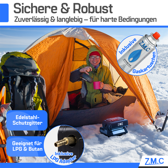 ZMC 2-in-1 Tragbare Gasheizung und Gaskocher mit LPG Anschluss + Gaskartuschen 227g, Camping Heizung 1,3 kW, mobile Gasheizer für Outdoor mit Piezozündung