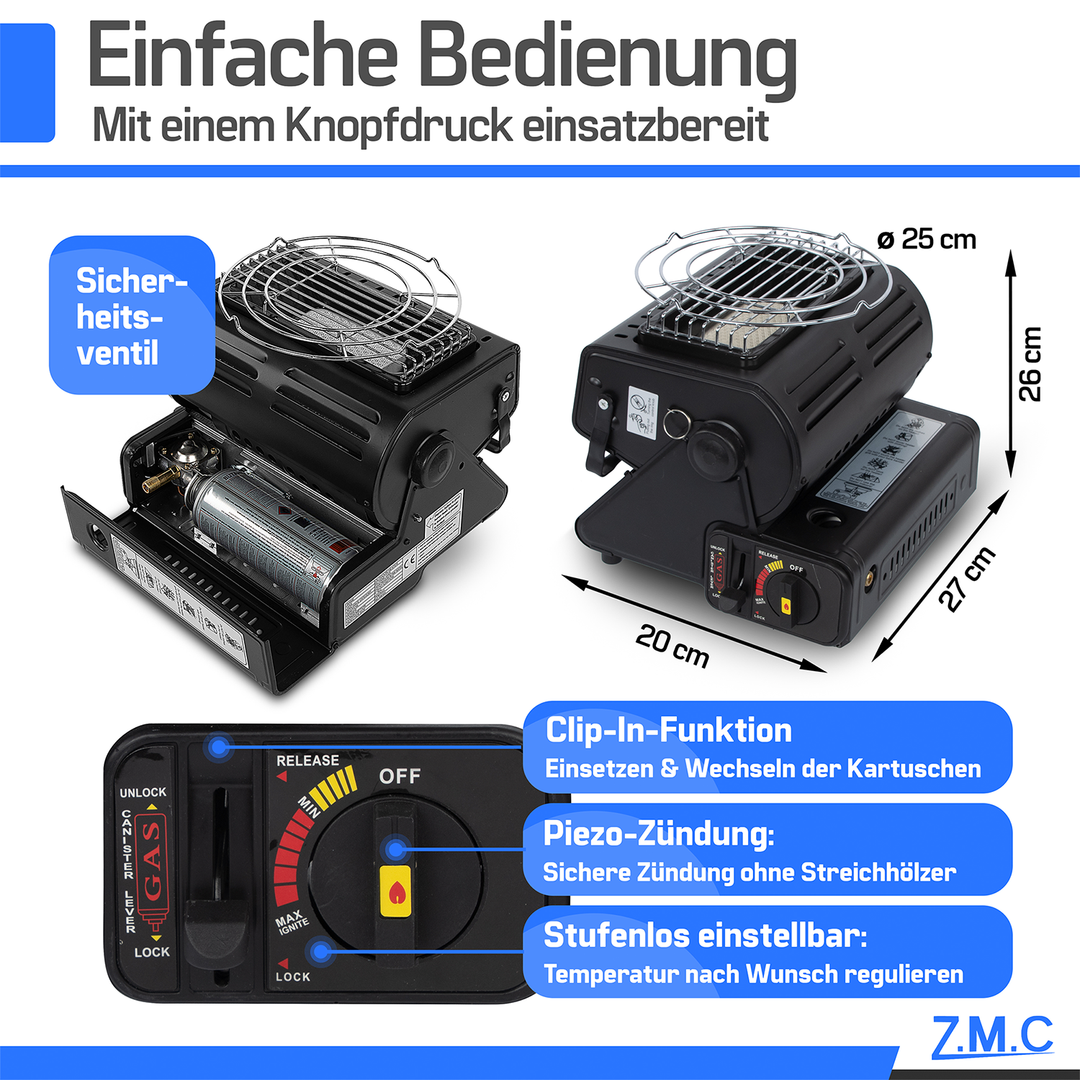 ZMC 2-in-1 Tragbare Gasheizung und Gaskocher mit LPG Anschluss + Gaskartuschen 227g, Camping Heizung 1,3 kW, mobile Gasheizer für Outdoor mit Piezozündung