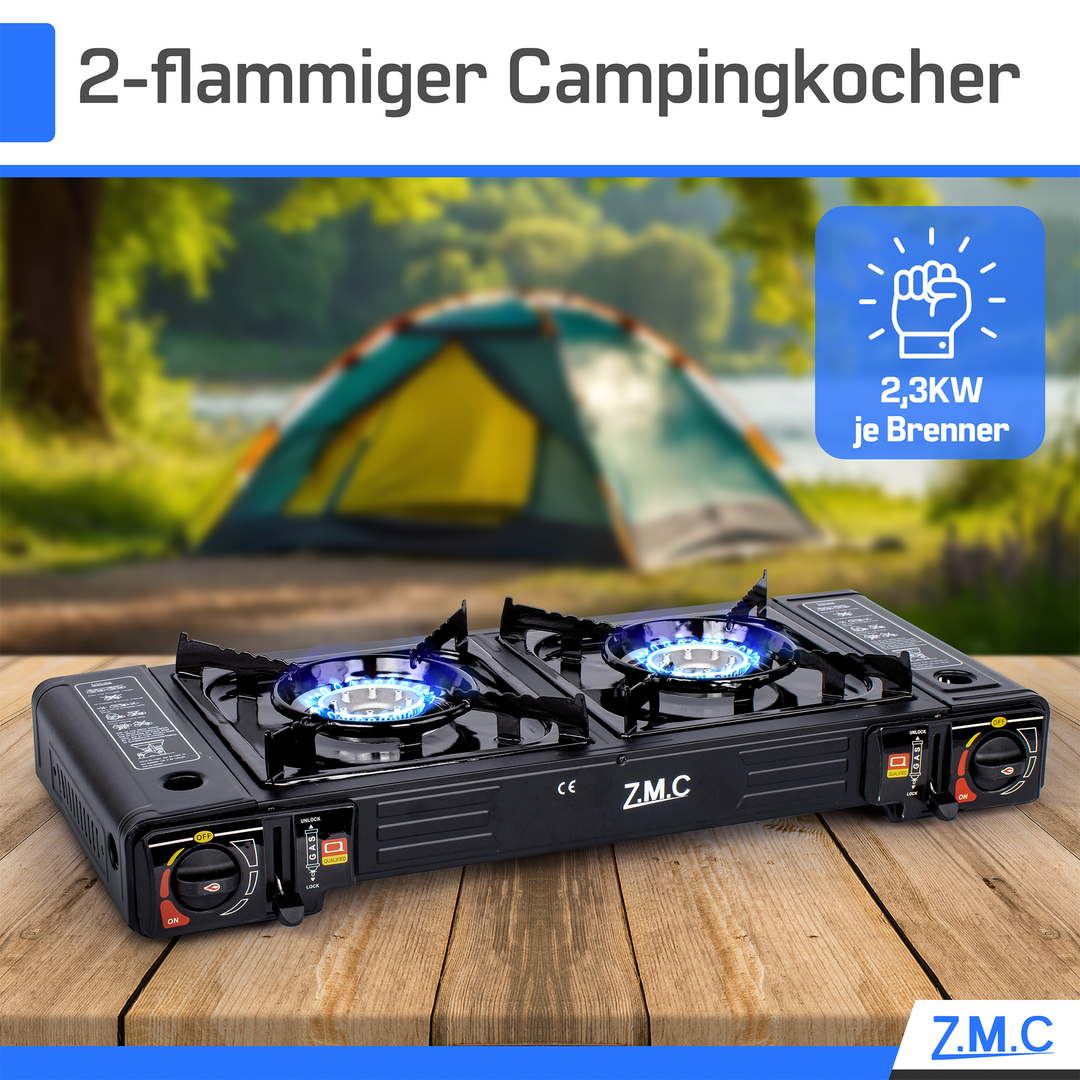 campingkocher im zelt ZMC 2-flammiger Campingkocher 2,5KW + LPG Adapter, Grillplatte wählbar – ZMC Camping