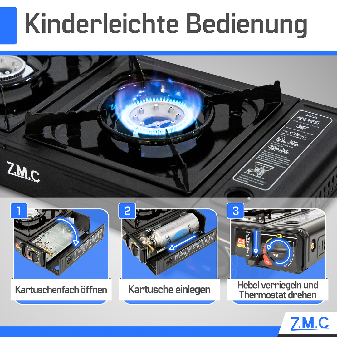 ZMC Campingkocher 2-flammig 2,3 kW Piezo, LPG-Adapter & Koffer