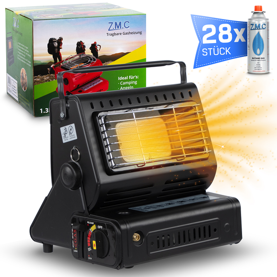 ZMC 2-in-1 Tragbare Gasheizung und Gaskocher mit LPG Anschluss + Gaskartuschen 227g, Camping Heizung 1,3 kW, mobile Gasheizer für Outdoor mit Piezozündung