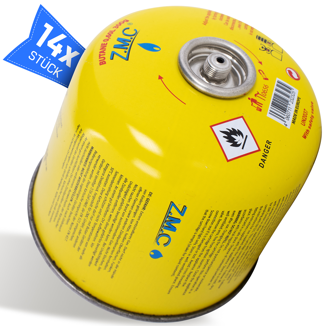 ZMC Propan Butan Gaskartuschen 300g, Schraubventil Eurogewinde 7/16", Ventilkartuschen 600ml, mit Sicherheits-Verschlussautomatik, Universal einsetzbar