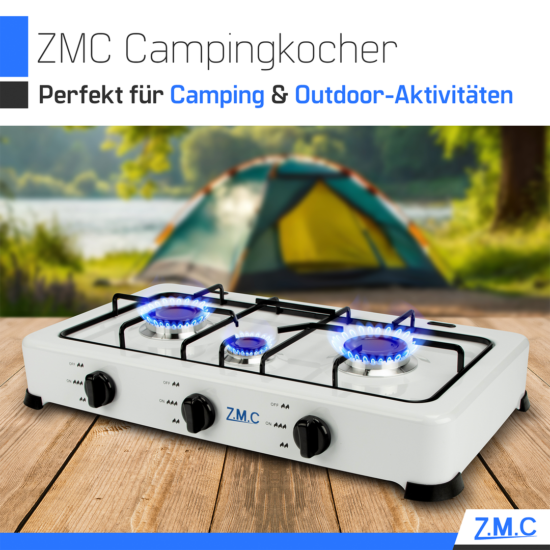 ZMC 3-flammig Gaskocher, Campingkocher inkl. Schlauch + Regler, Propan-Flüssiggas (LPG) optimiert/je zwei Brenner 2,2 kW sowie ein Brenner 1,0 kW, 30mbar - 50mbar, mit abnehmbarer Deckel
