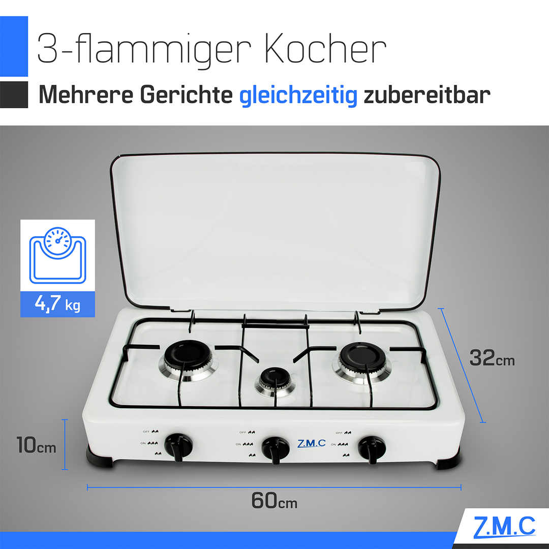 ZMC 3-flammig Gaskocher, Campingkocher inkl. Schlauch + Regler, Propan-Flüssiggas (LPG) optimiert/je zwei Brenner 2,2 kW sowie ein Brenner 1,0 kW, 30mbar - 50mbar, mit abnehmbarer Deckel