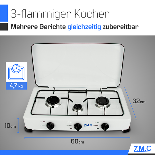 ZMC 3-flammig Gaskocher, Campingkocher inkl. Schlauch + Regler, Propan-Flüssiggas (LPG) optimiert/je zwei Brenner 2,2 kW sowie ein Brenner 1,0 kW, 30mbar - 50mbar, mit abnehmbarer Deckel