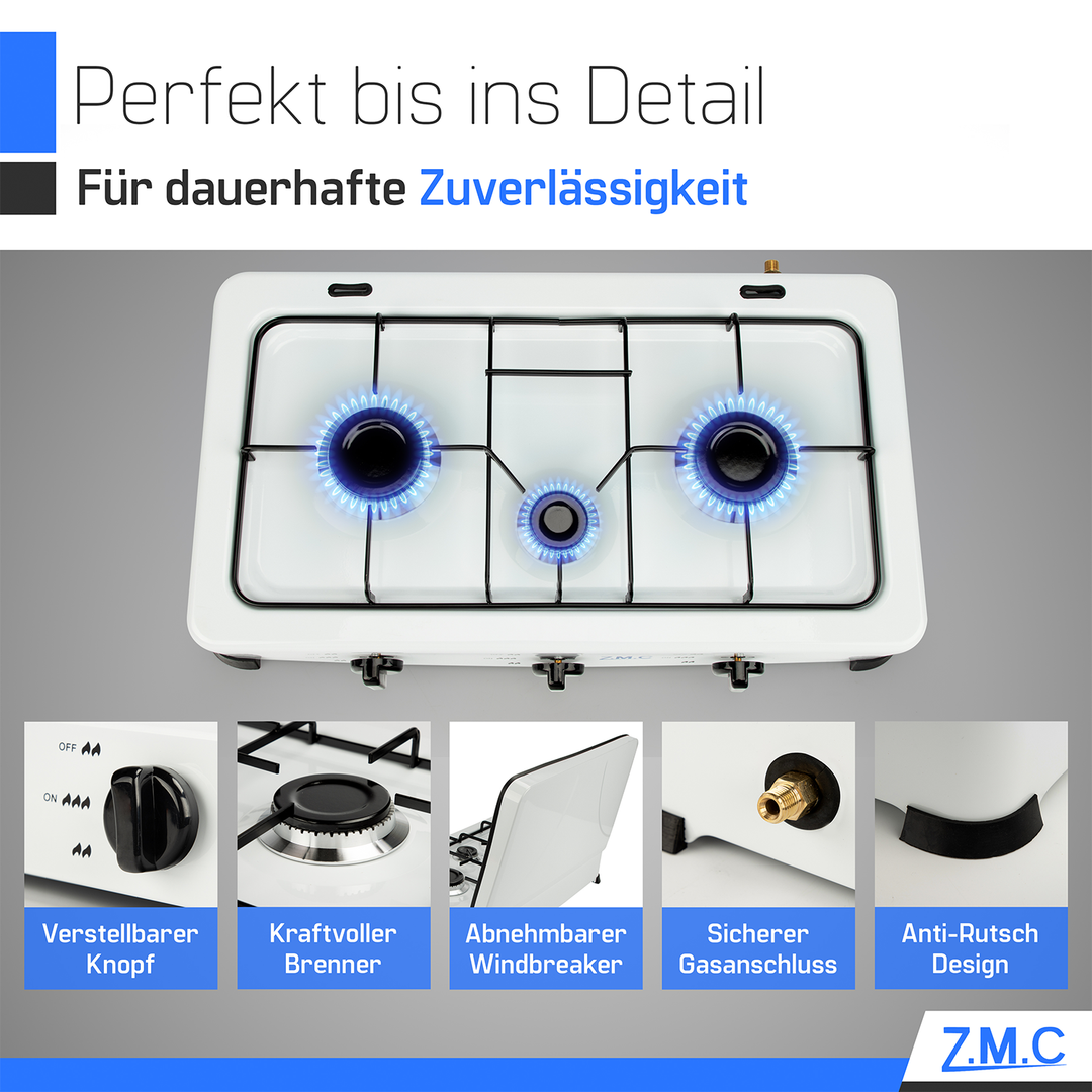 ZMC 3-flammig Gaskocher, Campingkocher inkl. Schlauch + Regler, Propan-Flüssiggas (LPG) optimiert/je zwei Brenner 2,2 kW sowie ein Brenner 1,0 kW, 30mbar - 50mbar, mit abnehmbarer Deckel