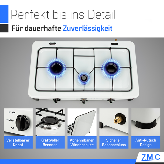 ZMC 3-flammig Gaskocher, Campingkocher inkl. Schlauch + Regler, Propan-Flüssiggas (LPG) optimiert/je zwei Brenner 2,2 kW sowie ein Brenner 1,0 kW, 30mbar - 50mbar, mit abnehmbarer Deckel
